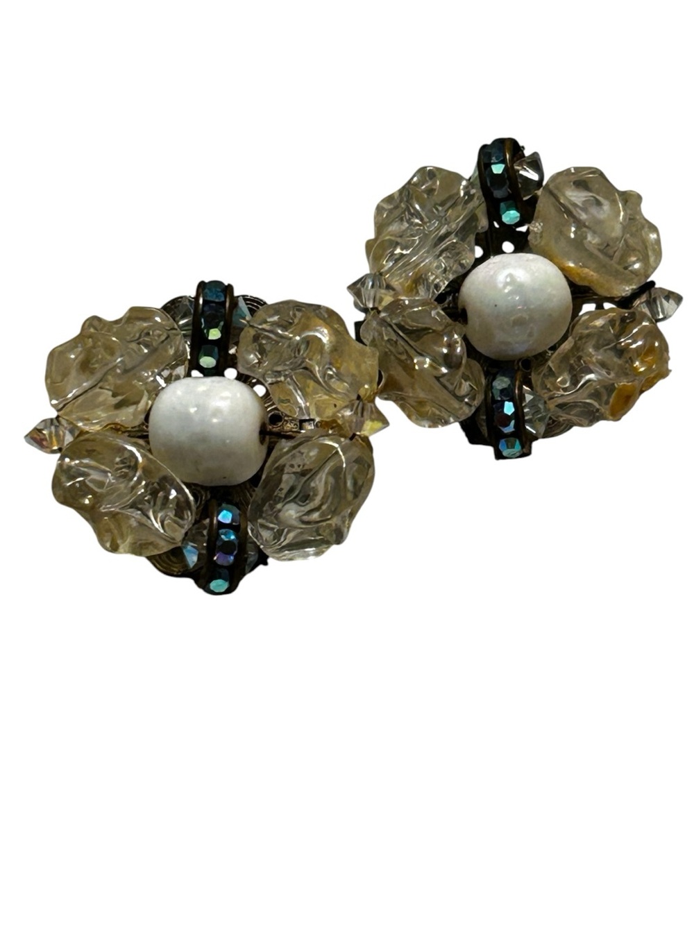 Vintage Hobe Crystal Flower Clip-On Earrings in Champagne and Pearl